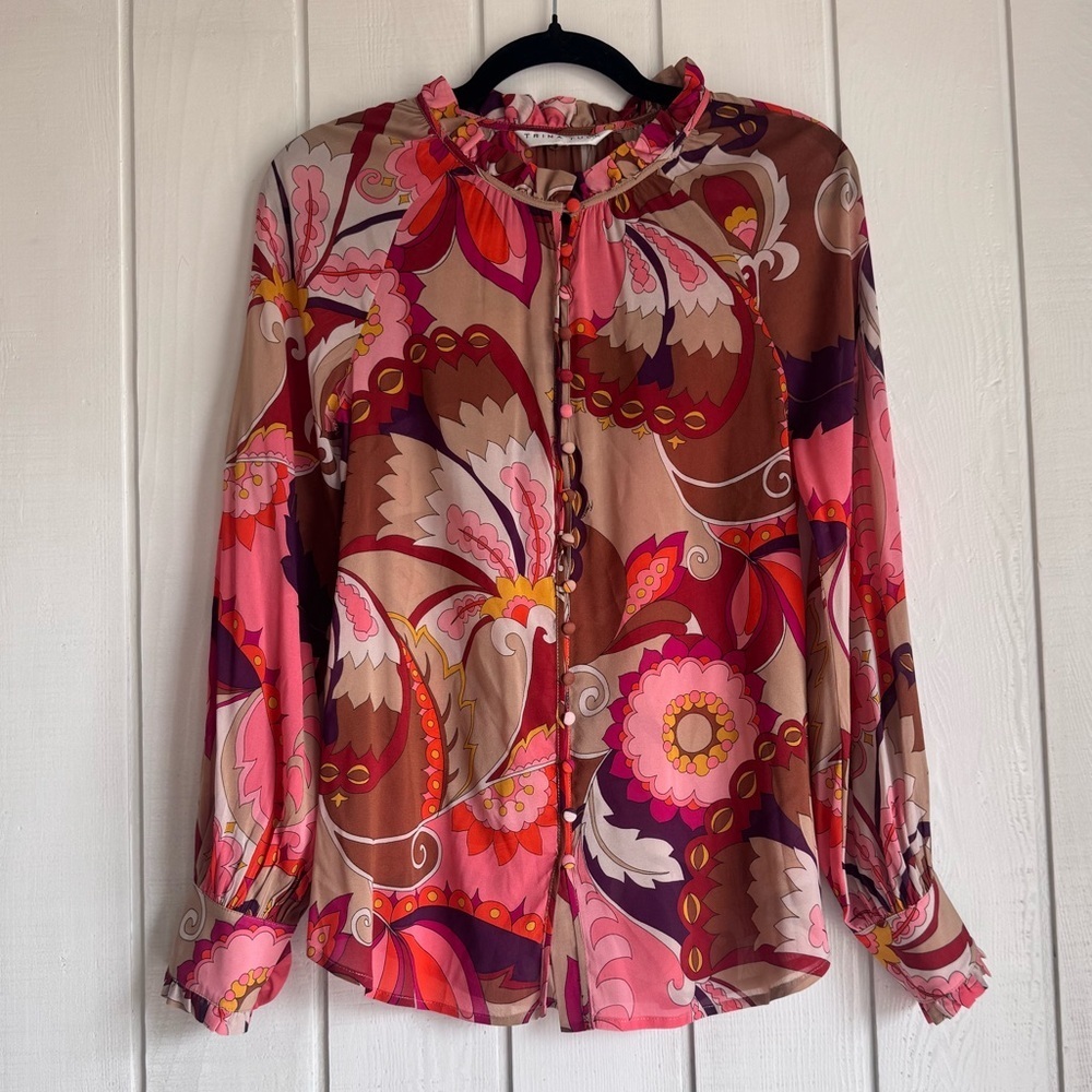 Trina Turk Floral Retro Print Long Sleeve Blouse